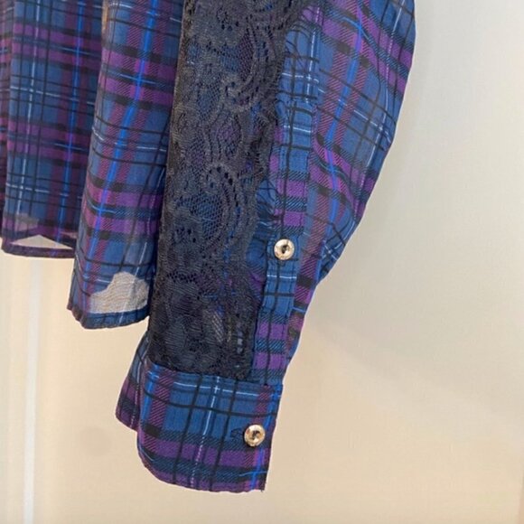 Kardashian Kollection Top M Sheer Plaid Lace Long Sleeve Purple Blue - Picture 6 of 9